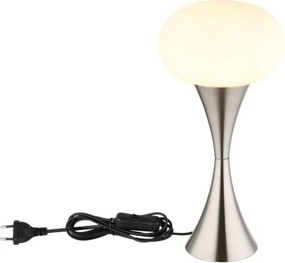 Globo 21027N Asztali lámpa, fém nikkel matt, fehér üveg, kábel PVC fekete, billenőkapcsoló a kábelen, ø: 180mm, M: 369mm, kábel hossza 1500mm, 1x E14 25W 230V izzó nélkül