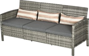 Outsunny Rattan Kanapé Párnákkal, Háromszemélyes, Kert Lounge Kanapé, Acél, Szürke, 173 x 68 x 78 cm | Aosom