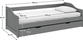 Ágy kihúzható pótággyal, szürke, tömörfa, 90x200, LAURA NEW