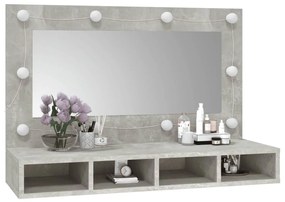 betonszürke tükrös szekrény LED-ekkel 90 x 31,5 x 62 cm