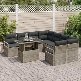 9 darabos kerti kanapé szett párnákkal, szürke, poli rattan, 2 fős kerti kanapé párnákkal, szürke, poli rattan
