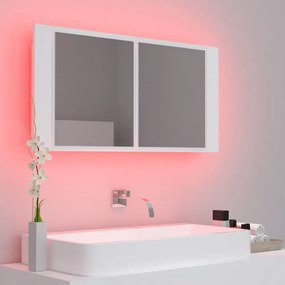 fehér akril LED-es fürdőszobaszekrény tükörrel 90x12x45 cm