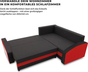 Grande sarokkanapé polcokkal , polc a bal karfaban, jobboldali, szövet anyag, hab töltet, fekete - piros