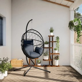 antracitszürke rattan és acél függő kagylószék állvánnyal