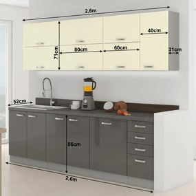 konyhabútor, szürke/bézs, extra magas fényű, PRADO