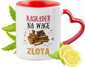 Piros bögre szív alakú füllel kaszkadőrnek ajándékba