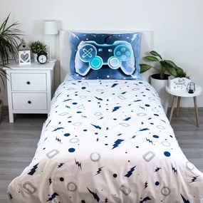 Fehér-kék egyszemélyes pamut gyerek ágyneműhuzat 140x200 cm Game over – Jerry Fabrics