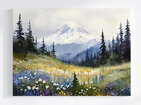 Vászonkép Canvas Tájkép Hegyek Hó Erdő Tisztás Virágok Tavasz 100x75