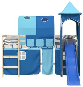 kék függönyök alagúttal és toronnyal ellátott tetőtéri ágyhoz