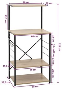 Intenso Home 4 szintes konyhai tároló polc 60 x 123cm, sonoma tölgy | Univerzális tároló állvány fém lábakkal