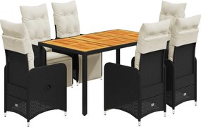 vidaXL 7 részes fekete polyrattan kerti bisztrógarnitúra párnákkal