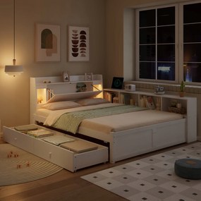 Egyszemélyes ágy Összecsukható kanapé Fiókos lámpa fehér, 140x200 cm