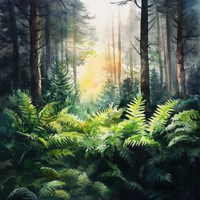 Vászonkép Canvas Akvarell Tájkép Erdő Fák Páfrány Növényzet 80x80