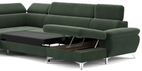 Zöld CATANIA balos U-alakú sarokkanapé tárolóval, ággyá nyitható