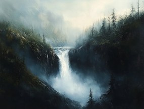 Vászonkép Canvas Tájkép Hegyek Erdő Vízesés Folyó Sötét Természet 100x75