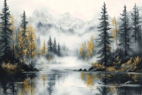 Fotótapéta Flizelina Kilátás Hegyek Erdő Fák Folyó Köd Ősz 416x254 ragasztó