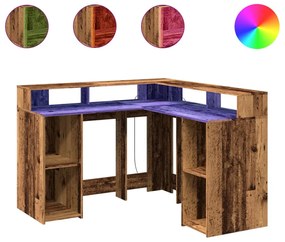 antik fa színű szerelt fa íróasztal LED-ekkel 130 x 130 x 91 cm