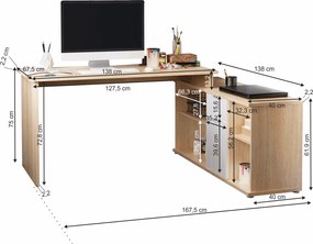 Íróasztal, sonona tölgy/fehér, DALTON 2 NEW VE 02