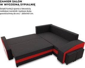 Grande sarokkanapé polcokkal és puffokkal , polc a bal karfaban puffok a jobb karfaban, jobboldali, szövet anyag, hab töltet, fekete - piros