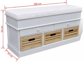 Tároló / bejárati párnatetős 2 fiókos és 3 tároló láda / pad fehér