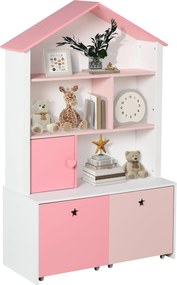 HOMCOM Fa Gyermek Könyvespolc 4 Rekesszel, 1 Ajtóval és 2 Kivehető Fiókkal Kerekekkel Könyvekhez és Játékokhoz 80x34x130 cm Rózsaszín és Fehér | Aosom