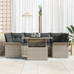 7 részes kerti kanapé készlet párnákkal világosszürke poli rattan, 2-fős kerti kanapé tárolóval és párnákkal világosszürke poli rattan