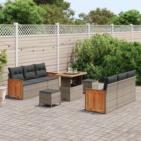9 darabos kert ülőgarnitúra párnákkal Szürke Poli Rattan Akácia, 3 darabos kert étkező garnitúra párnákkal Szürke Poli Rattan Akácia