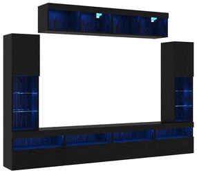 8 darabos TV faliszekrény LED világítással fekete tölgy MDF anyagból