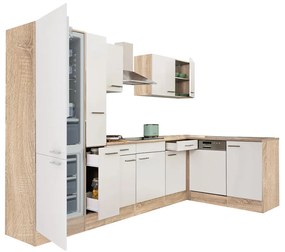 Yorki 310 sarok konyhabútor sonoma tölgy korpusz,selyemfényű fehér fronttal alulagyasztós hűtős szekrénnyel