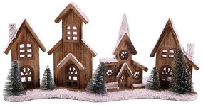 Fa ház sor és templom fenyőfákkal - led-es fénnyel - 56 cm