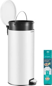 Fém kerek konyhai szemetes, 30 L, pedálos, műanyag belső vödörrel, fehér