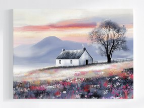Vászonkép Canvas Vidéki Tájkép Hegyek Rét Virágok Fa Ház 100x75