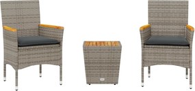 vidaXL 3 részes szürke polyrattan/üveg bisztrógarnitúra párnákkal
