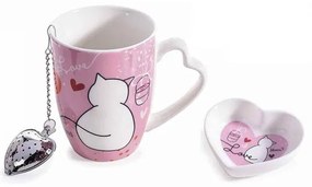 Rózsaszín Cicás porcelán bögre tea szűrővel