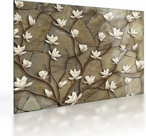 Kép - Fehér magnóliák kőfalazaton (üvegen) (70x50 cm)