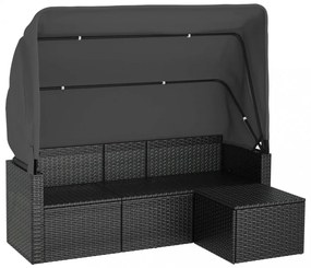 3-személyes fekete polyrattan kanapé tetővel és lábtartóval