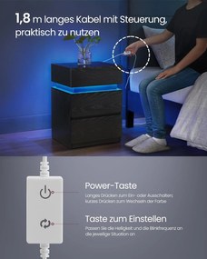 Éjjeliszekrény led világítással, állítható színű fény, 3 fiókos oldalasztal, 35 × 40 × 55 cm, fekete