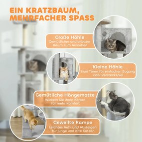 PawHut 160 cm-es macskafa, szizál kaparófák, barlangok, plüss platformok, függőágy, létra, játéklabdák