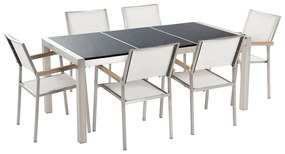 Hatszemélyes fekete gránit osztott asztallapú étkezőasztal fehér textilén székekkel GROSSETO Beliani