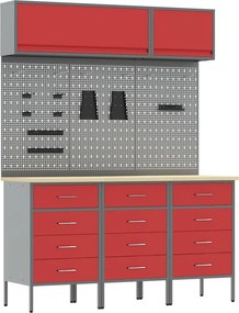 vidaXL Munkaszekrény Készlet 8 pcs Piros Porszórt Acél és Mérnöki Fa