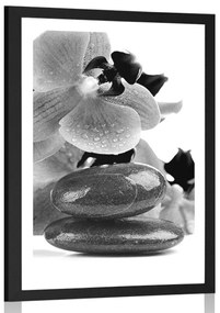 Poszter paszportuval SPA kövek orchideával fekete fehérben