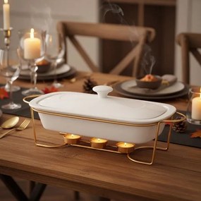 Hőálló porcelán sütőtál üveg fedővel arany színű asztali melegentartó állvánnyal - 1,8 literes