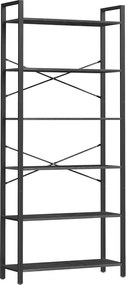 6 szintes magas könyvespolc, szabadon álló polc, acélkeret, fekete