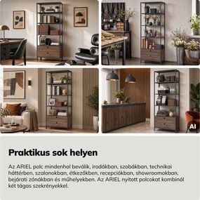 Polc fiókokkal irodába, iratrendezőkhöz és dokumentumokhoz, nyitott polcok, fém, antracit/dió, 800x2200x400 mm: ARIEL Eco Design