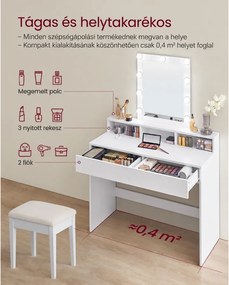 Sminkasztal LED világítással, tükörrel és 2 fiókkal, 100 x 40 x 145 cm, fehér