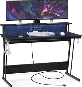 Számítógép asztal, gaming asztal, beépített LED fénnyel és elosztóval, fekete, 60x120x76cm