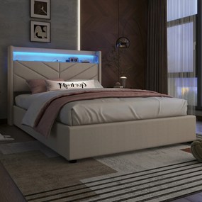 Kárpitozott ágy 140 x 190 cm led hidraulikus Usb franciaágy bézs