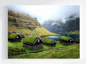Vászonkép Canvas Tájkép Feröer-szigetek Hegyek Sziklák Házak Település 80x60