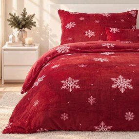 Goldea karácsonyi mikroplüss ágyneműhuzat deluxe - fehér pelyhek piros alapon 220 x 200 és 2db 70 x 90 cm