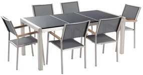 Hatszemélyes fekete gránit osztott asztallapú étkezőasztal szürke textilén székekkel GROSSETO Beliani